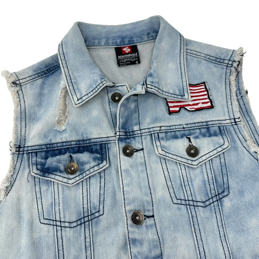 Southpole Mens Jean‎ Jacket Vest Denim American Flag Patch Distressed Blue Small